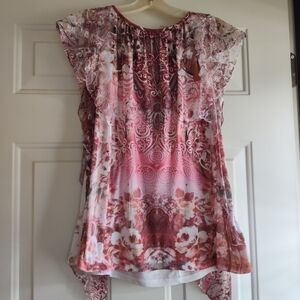 Women's Emerald Pink and Lace Floral Print Top Size Small Bust 36"